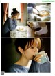 A collage of photos of a woman eating a piece of bread.