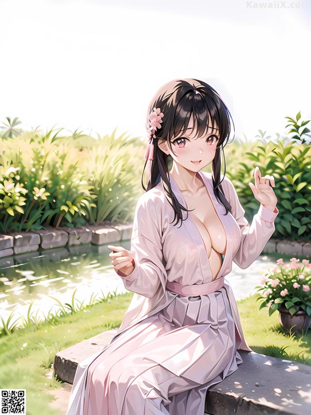 A woman in a pink kimono sitting on a stone wall.